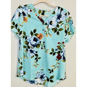 Aqua Blue Boho Hippie Blouse Med Vintage Inspired Floral Top Flowy Cottagecore